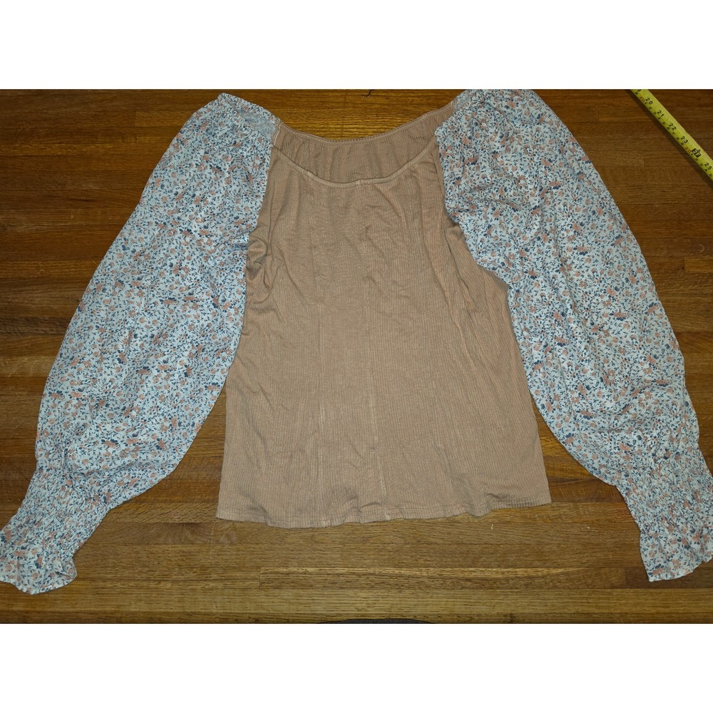 Boho Women‎ XXL Tan Floral Smocked Cuffs Puff Sleeve Ribbed Knit Scoop Neck Top